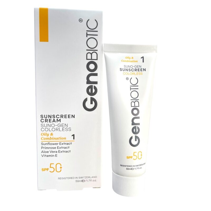 کرم ضد آفتاب ژنوبایوتیک پوست چرب بی رنگ spf50